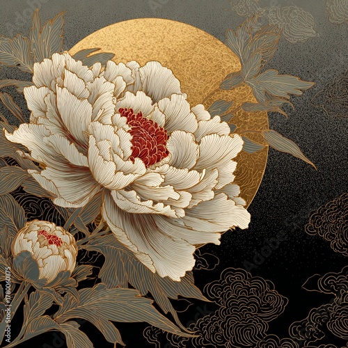 Large blooming peony framed by a golden sun and ornate linework.