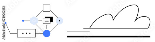 Connected nodes forming a digital workflow with cloud structure and data elements. Ideal for cloud computing, data processing, technology, digital transformation, software integration, system design