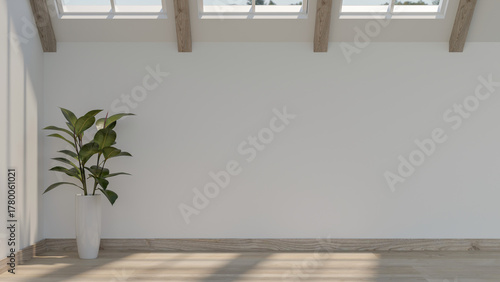 Fototapeta Naklejka Na Ścianę i Meble -  Houseplant pot or vase on wooden parquet floor with sunlight through roof window in white attic room