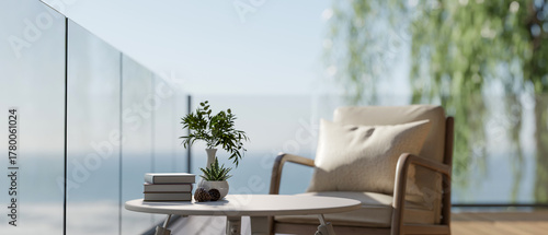 Fototapeta Naklejka Na Ścianę i Meble -  Round table and wooden armchair aside glass partition railing at rooftop or terrace of modern house.