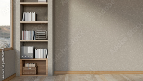 Fototapeta Naklejka Na Ścianę i Meble -  Build in bookshelf in gray cement loft wall aside window and wooden parquet floor in a modern room.