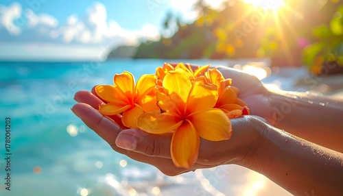 Wallpaper Mural Tropical flowers held in hands against a beach backdrop, sunlit paradise. Torontodigital.ca