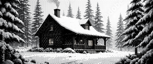 An old wooden house and barn on a snow-covered farm landscape in the cold winter season.