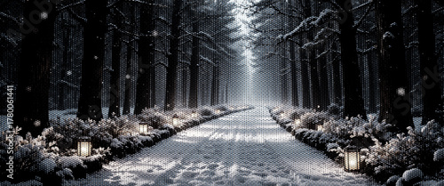 A cold winter landscape with snow-covered trees lining a winding path in the frozen forest.