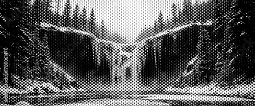 Black and white old paper background with a frozen winter forest landscape and white snowy pine trees.