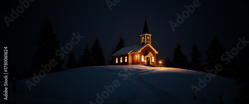 Ancient orthodox church tower in cold winter snow at night.
