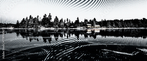 Black and white abstract grunge sunset sky with tree silhouette reflection on water.