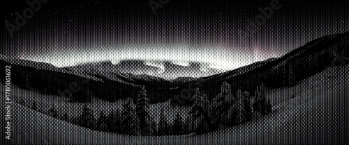 Black forest road landscape with cold winter night sky and mist.