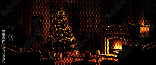 A beautiful Christmas tree with holiday lights is a cozy interior decoration by the fireplace at night.