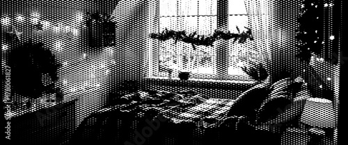 Black and white grunge background of an old architecture house window at night.