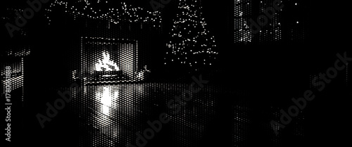 An illustrated dark urban skyline silhouette featuring a burning house under a moonlit night sky.