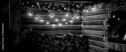 Black and white architecture of a dark steel wine cellar wall with metallic geometric pattern and grunge texture design light s.