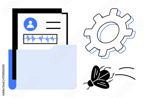 Blue folder with data sheets, cogwheel symbolizing workflow, bug representing technical error. Ideal for technology, diagnostics, software development, cybersecurity, analysis, automation process