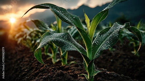 Wallpaper Mural Young corn plants grow in a field at sunset with mountains in background. Torontodigital.ca