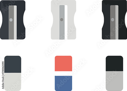 Stationery Set with Pencil Sharpeners and Erasers on White Background Ready for School or Office Work