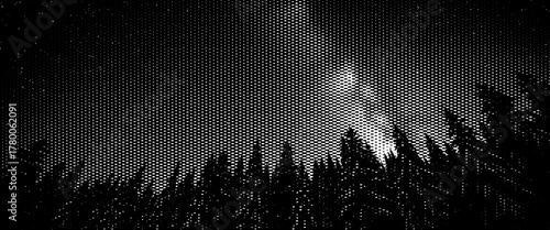 Silhouettes of grass dance in the wind against a dramatic sunset sky with distant trees and orange light.