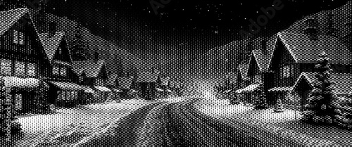 Black and white winter landscape photo of a snowy country road with trees and mountains.