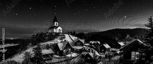 Vector drawing sketch of old European church and vintage house architecture in a mountain village landscape.