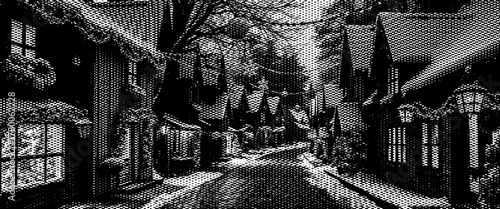 Black and white sketch drawing of  an old European city street with ancient architecture.