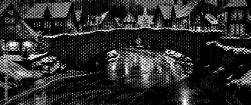 An old black and white drawing of a vintage city view with a grunge texture background.