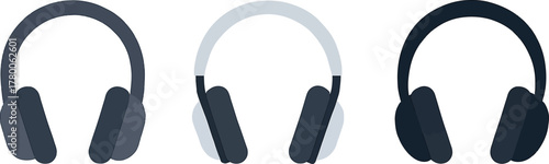 Three stylish headphones in different shades of gray for music listening and sound experience illustration