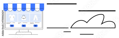 Desktop with storefront canopy showcasing clothes and purchase buttons, connected to cloud elements. Ideal for e-commerce, online shopping, retail, cloud services, data management, fashion, digital