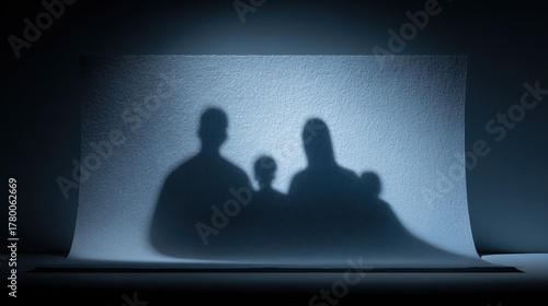 Shadow silhouettes of four people against a textured white wall in a dimly lit room creating a mysterious and abstract family or group portrait with soft edge lighting