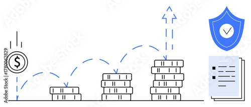 Stacks of coins increasing in height with upward arrow, dollar coin, shield with checkmark, papers. Ideal for finance, investment, security, profit savings insurance progress. Simple flat metaphor