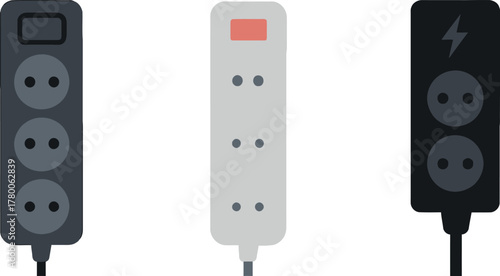 Three surge protectors of varying designs and colors providing electrical outlets for devices with visual style