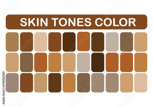 Skin tones Color Palette Set. Light pale, pale, brown, tanned, dark brown and black skin tone shades - Vector.