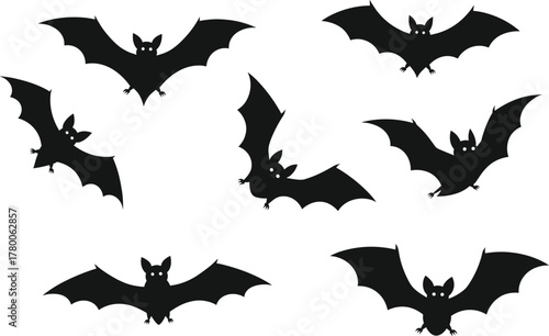 Black bat silhouettes, flying and static poses, spooky Halloween theme, nocturnal animal design, isolated vector illustration, gothic style, dark wings, white eyes