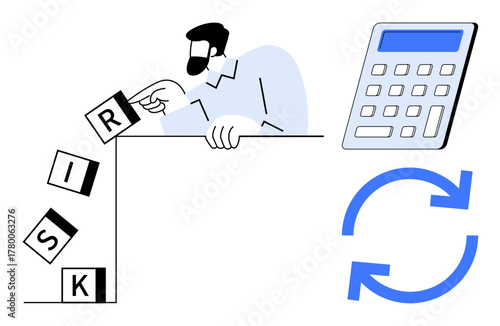 Man prevents falling risk blocks with calculation and process symbols, highlighting problem-solving. Ideal for risk management, planning, strategy, business, finance, recovery teamwork. Simple flat