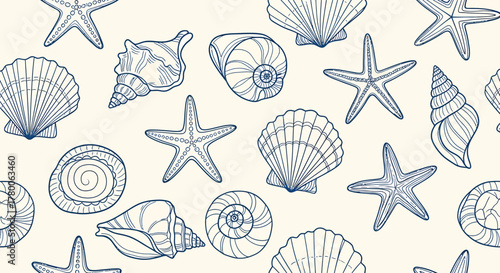 Seamless pattern with hand-drawn blue outline seashells and starfish on a light background, evoking a nautical and beach theme.