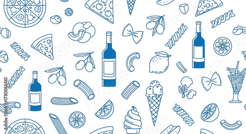 A detailed illustration of various Italian food items and beverages, arranged in a pattern.