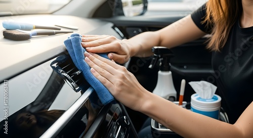 Car interior cleaning scene with hands using blue cloth for dashboard maintenance and care