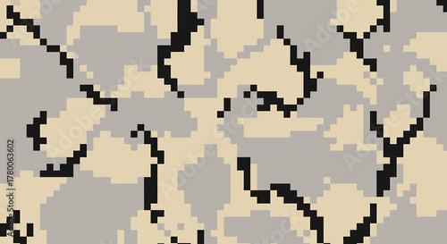 A digital camouflage pattern featuring pixelated blocks of tan, grey, and black for military or tactical applications.