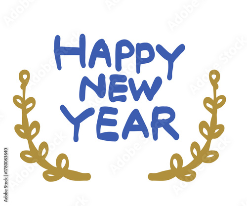 HAPPY NEW YEAR, New Year's greetings and antique-style plant decorations.  年賀状素材「ハッピーニューイヤー」あけましておめでとうの挨拶