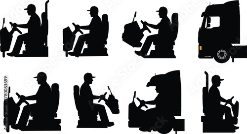 Truck driver silhouette, vehicle operator illustration, heavy machinery control, seated posture icons, cab interior vector, transportation worker black graphic