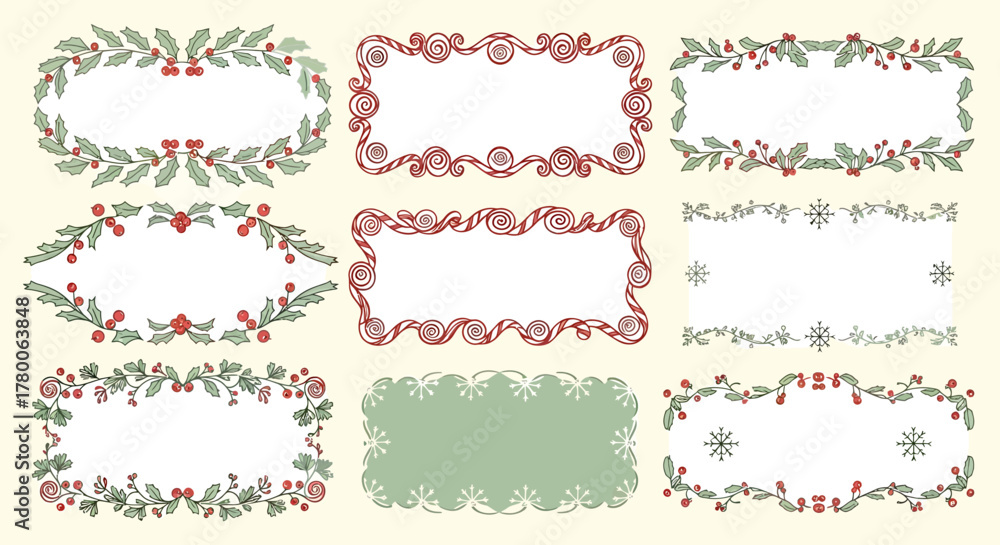 Obraz premium Collection of various rectangular and oval Christmas-themed frames with decorative elements.
