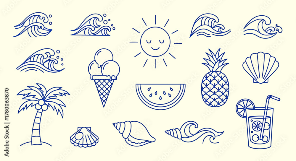 Fototapeta premium Collection of hand-drawn summer and beach icons in a blue line art style, including sun, waves, and tropical fruit.