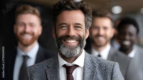 A happy middle aged businessman confidently smiles with his diverse team of colleagues in the background.