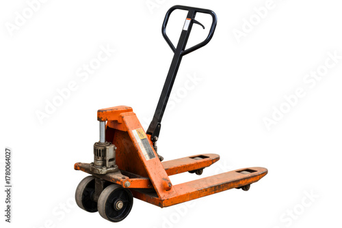 Old orange hydraulic pallet jack for warehouse and logistics work isolated on a transparent background