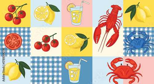 Colorful grid featuring various food items like tomatoes, lemons, lobster, crab, and refreshing drinks.