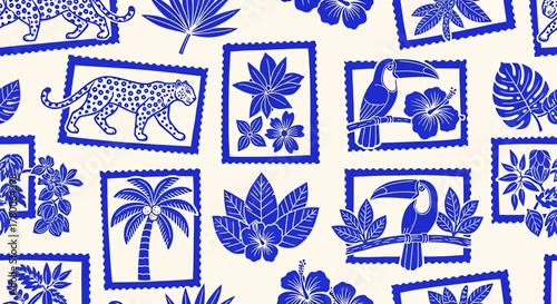 A seamless pattern featuring blue tropical motifs including leopards, toucans, palm trees, and hibiscus flowers on a cream background.