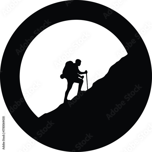 Vector hiker silhouette climbs mountain peak in circle frame illustration