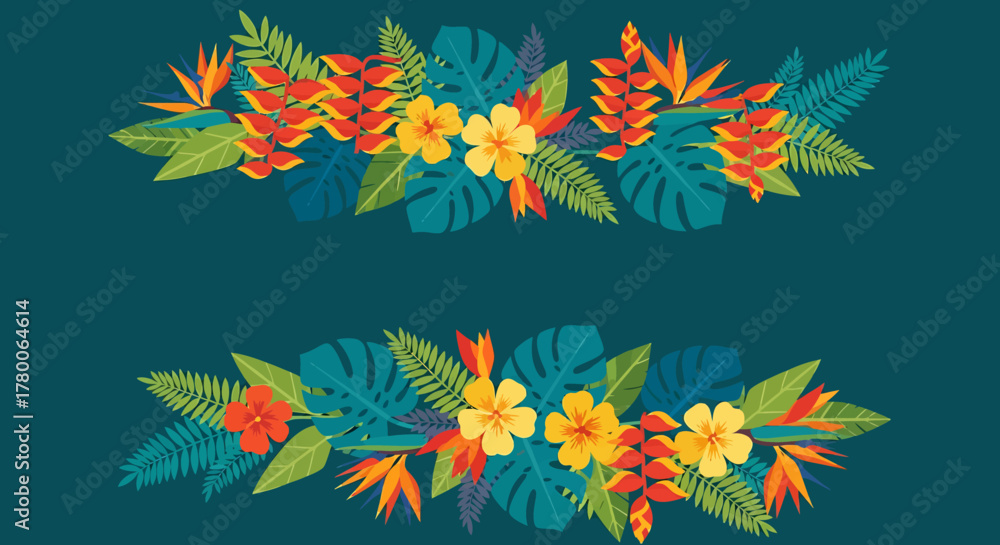 Obraz premium Vibrant tropical floral borders with exotic flowers and lush green leaves on a dark teal background.