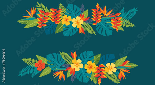 Vibrant tropical floral borders with exotic flowers and lush green leaves on a dark teal background.