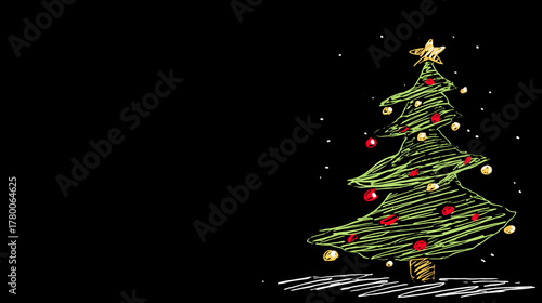 Christmas Card With Christmas Tree with balls over black. With area for text or images to the left.
