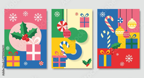 Festive Christmas greeting cards with colorful geometric designs, featuring gifts and ornaments.