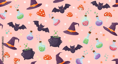 Cute Halloween seamless pattern with witch hats, bats, bubbling cauldrons, magic potions, and mushrooms on a pink background.